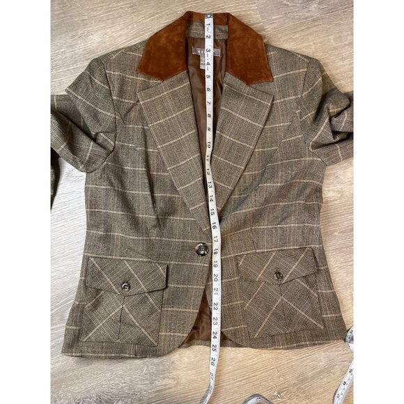 Kenar Brown Plaid Suede Leather Trim Elbow Pads Single Button Blazer Sz 8 - Picture 9 of 10